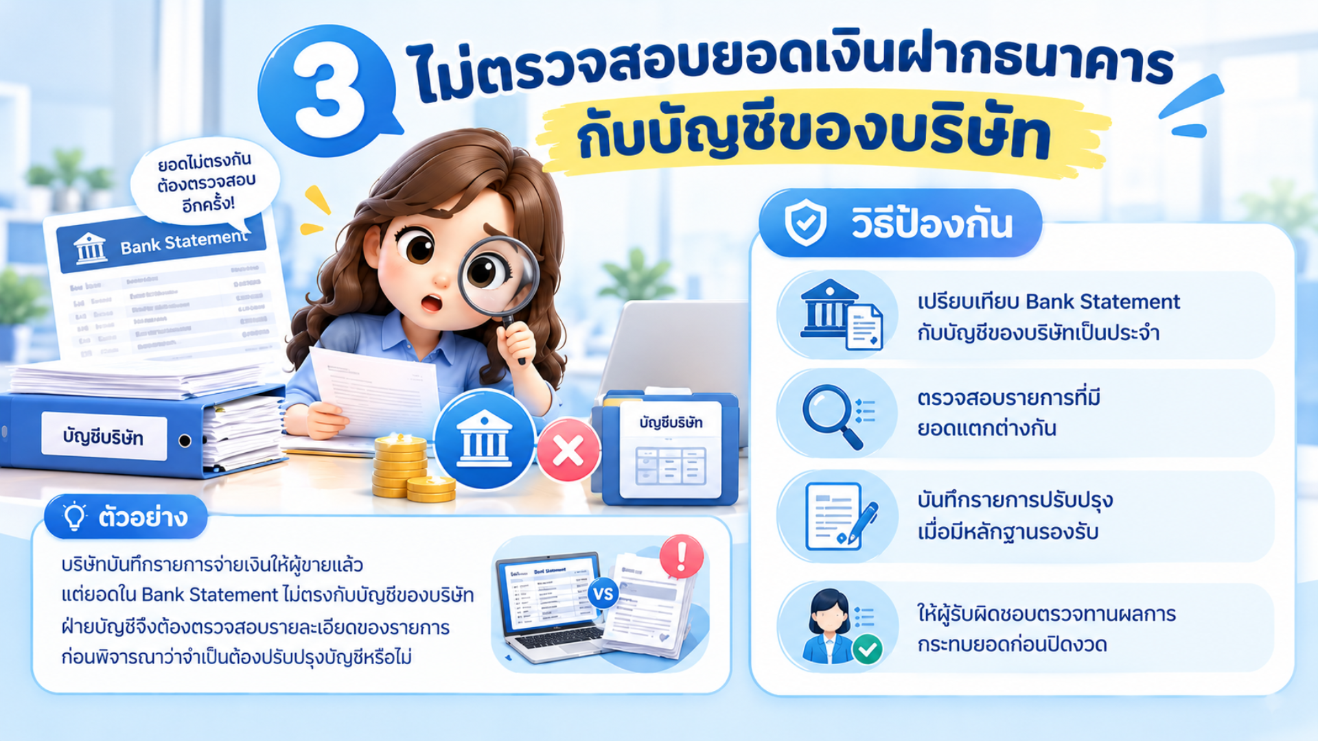 ไม่ตรวจสอบยอดเงินฝากธนาคารกับบัญชีของบริษัท